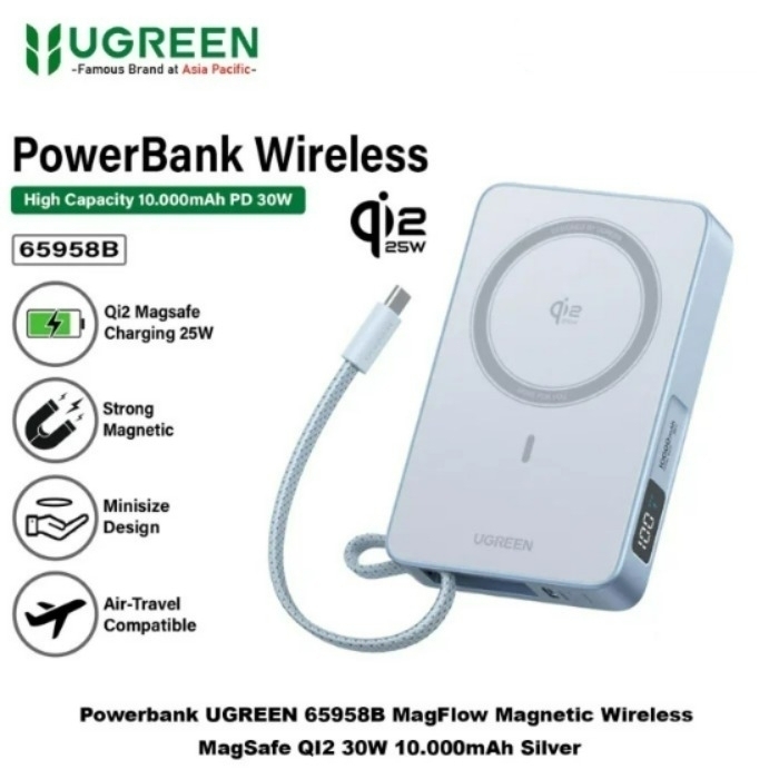 Power Bank UGreen MagFlow QI2 30W 10000mAh Built in USB-C Cable - Silver / 65958b